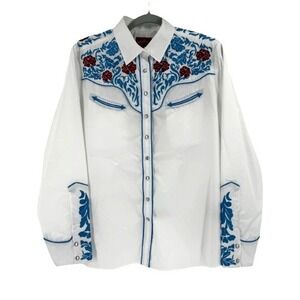 NEW Rodeo Clothing Women's Rose Embroidered Pearl Snap Western Shirt Large White